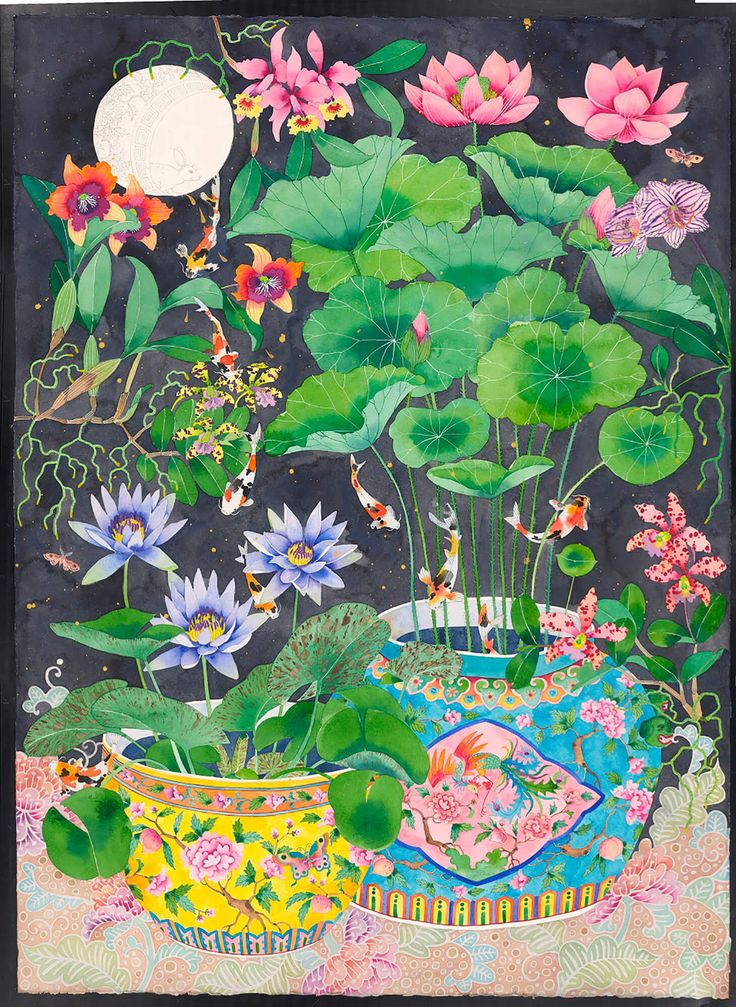 an image of a painting with flowers and plants in the background, including water lilies