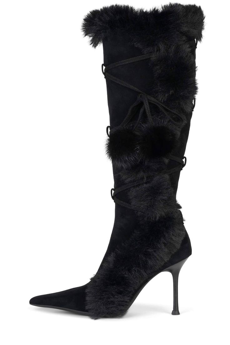 FLUFFMENOT YYH Black Combo 6 Really High Heels, High Heel Boots With Fur, Heels Front View, Fur Heel Boots, Fur Boots Heels, Black Boots Outfits, High Fashion Boots, Goth Bag, Knee High Stiletto Boots