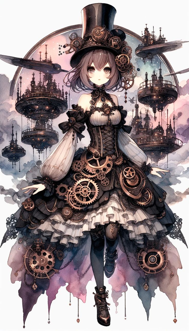 a woman in a steampunk dress and top hat with gears on her head