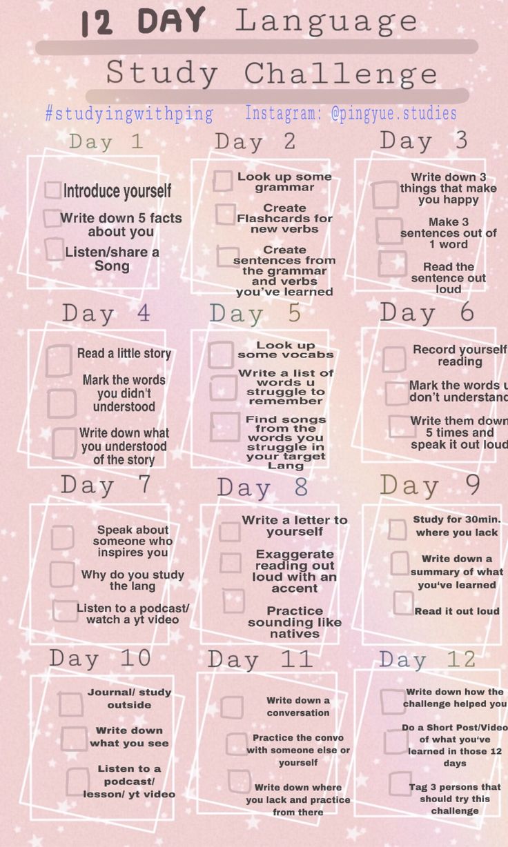 the 12 day language study challenge is shown on a pink background with stars and snowflakes