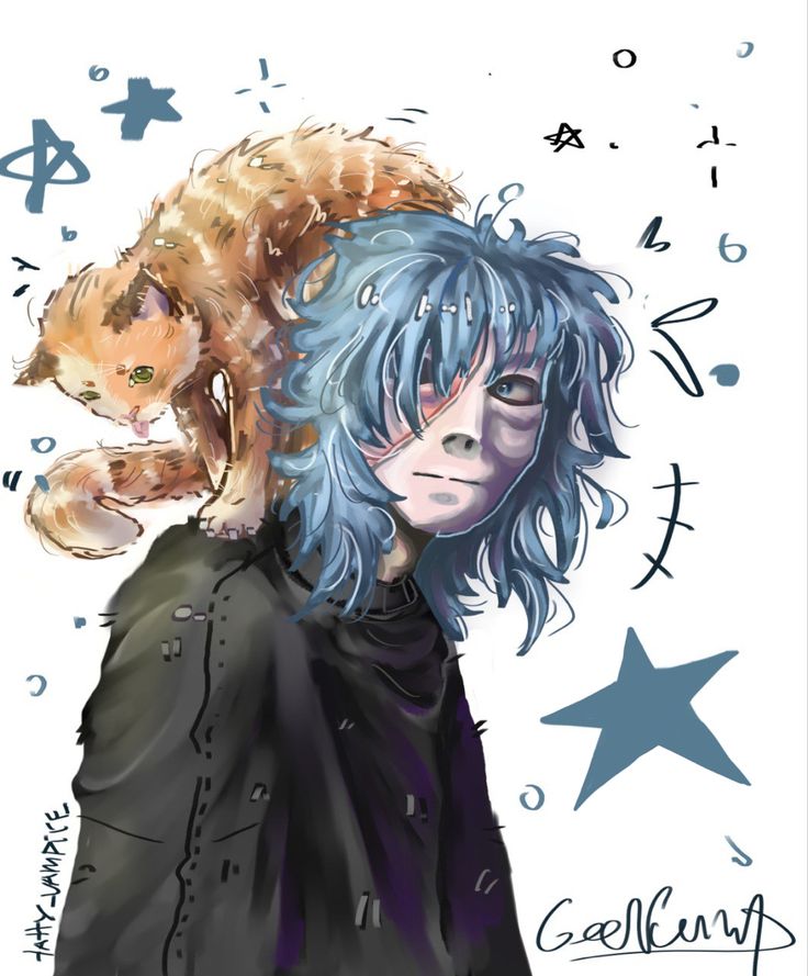 a drawing of a cat sitting on top of a man's head with blue hair