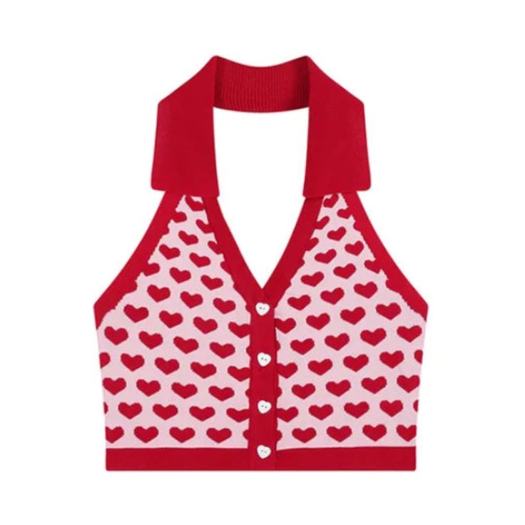 The Love Print Knitted Halter Vest is a stylish and versatile addition to any wardrobe. Made with high-quality materials, this vest offers both comfort and durability. Its unique love print design adds a touch of charm to any outfit. Stay cozy and on-trend with this must-have piece. - ONE SIZE- Color: Red- Style: Vest- Pattern Type: Colorblock- Sleeve Length: Sleeveless- Neckline: V-neck- Material: Polyester Fiber- Closure Type: Button- Details: Heart Prints- Fit Type: Fit Cute Sleeveless Tops With Heart Print, Cute Knit Tops With Heart Print, Trendy Knit Tops With Heart Print, Trendy Sleeveless Heart Print Tops, Cute Cotton Sleeveless Sweater Vest, Cute Sleeveless Knit Tops, Trendy Sleeveless Top With Heart Graphic, Casual Knit Tops With Heart Print, Backless Top