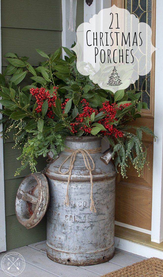 an old milk can is decorated with holly and berries for christmas porch decor or as a centerpiece