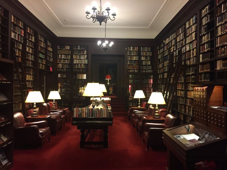 the library is full of many books and desks with lamps on each side of them