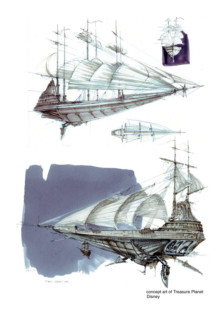 two drawings of ships in different stages of development