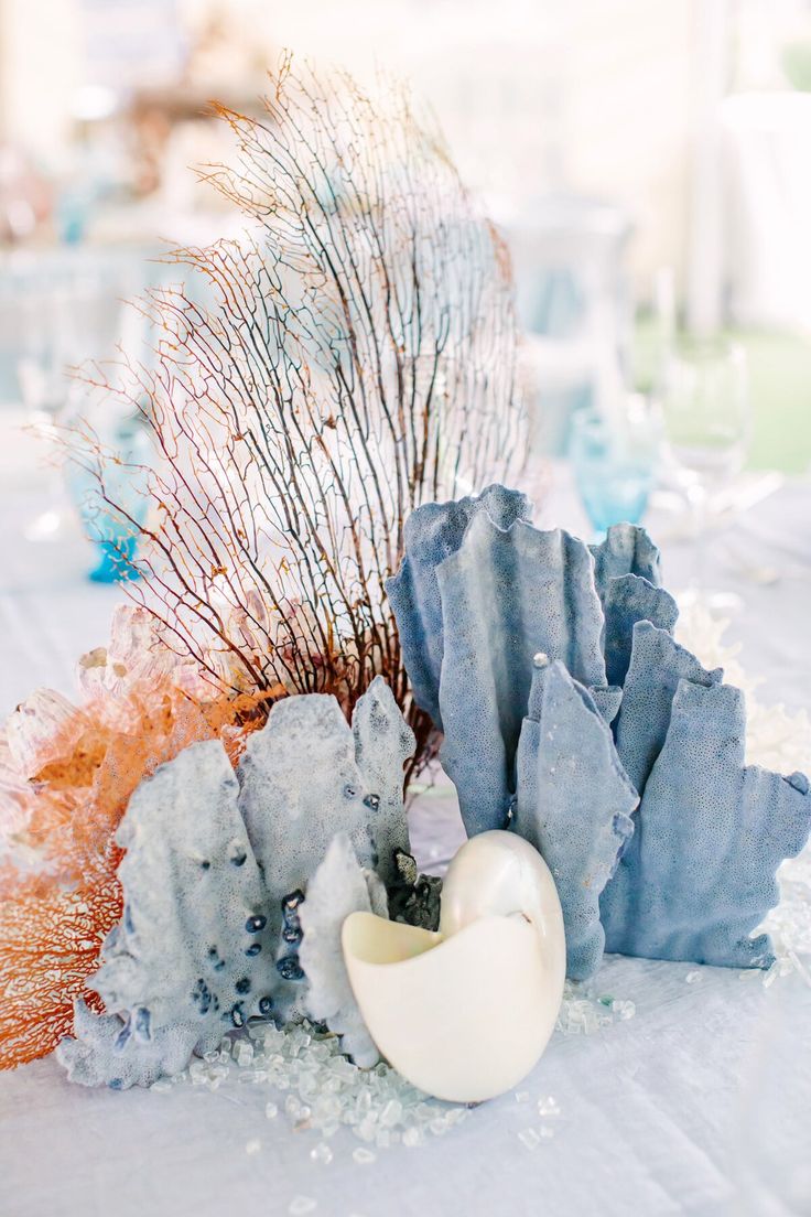 an arrangement of corals, shells and seaweed on a white table cloth at a wedding reception