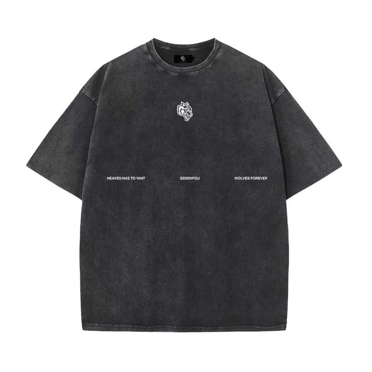 Show off your bold style with the Dark Sport Wolves Forever Tee. This oversized tee features a striking graphic of a wolf rider with powerful text that reads "Heaven Has to Wait" and "Wolves Forever." Made from high-quality, comfortable fabric, it ensures you stand out while staying comfortable. Perfect for those who love unique, edgy designs, this tee is a statement piece for any wardrobe. Washed Black Tops With Letter Print For Streetwear, Washed Black Letter Print Tops For Streetwear, Urban Style Washed Black Top With Text Print, Urban Washed Black Top With Text Print, Grunge Slogan T-shirt For Streetwear, Washed Black Graphic Print Tops For Streetwear, Edgy Washed Black T-shirt With Text Print, Gray Slogan Top For Streetwear, Washed Black Logo Print Tops For Streetwear