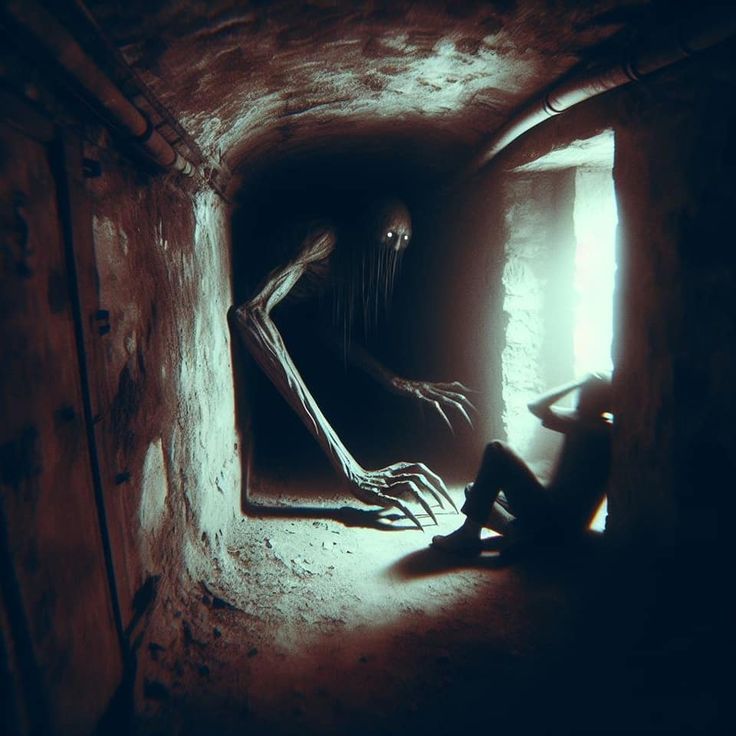 a creepy skeleton sitting in a dark tunnel with his head down and hands on the ground