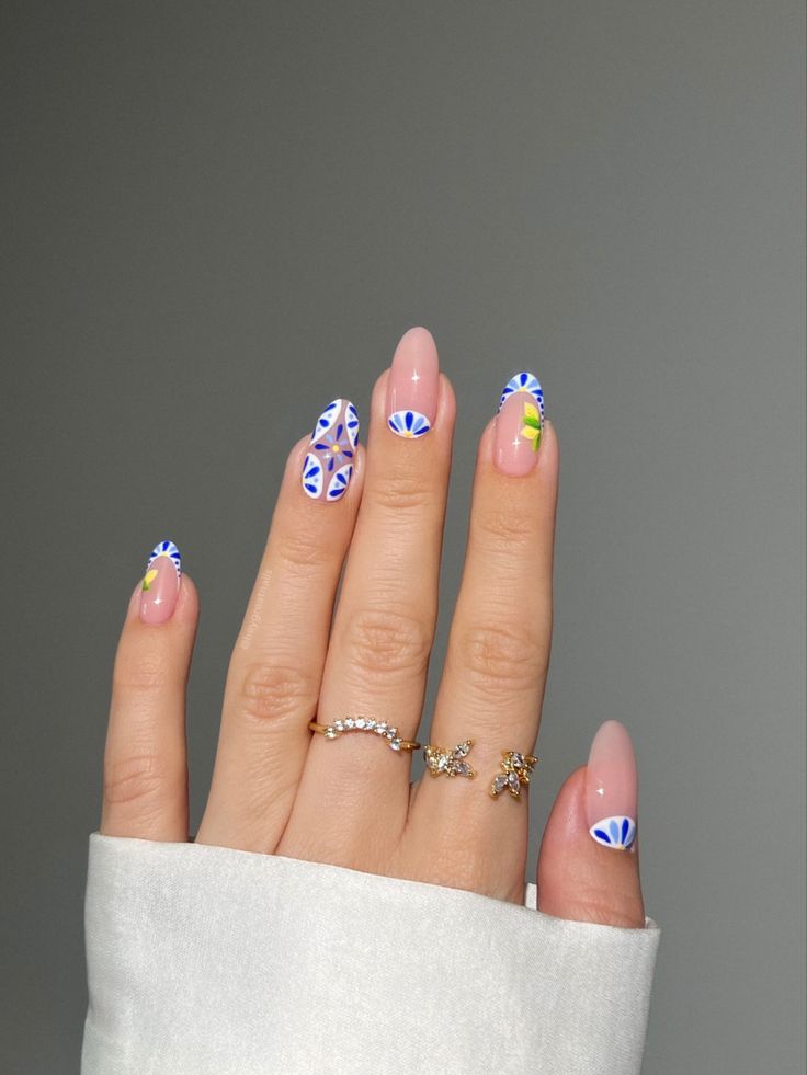 #nailinspo #nailart #nails #naildesign #bluenails #summernails #nailtutorial #aestheticnails #flawlessnails #nailvideos #nailideas #naturalnails #vacationnails #lemonnails #yellownails #frenchnails #whitenails #almondnails #stylishnails #jewelry Portugal Nails Art Designs, Italian Nails Trends, Santorini Nails, Spanish Tile Nails, Mediterranean Nails, Spain Nails, Portugal Nails, Summery Nails, Cute Gel Nails