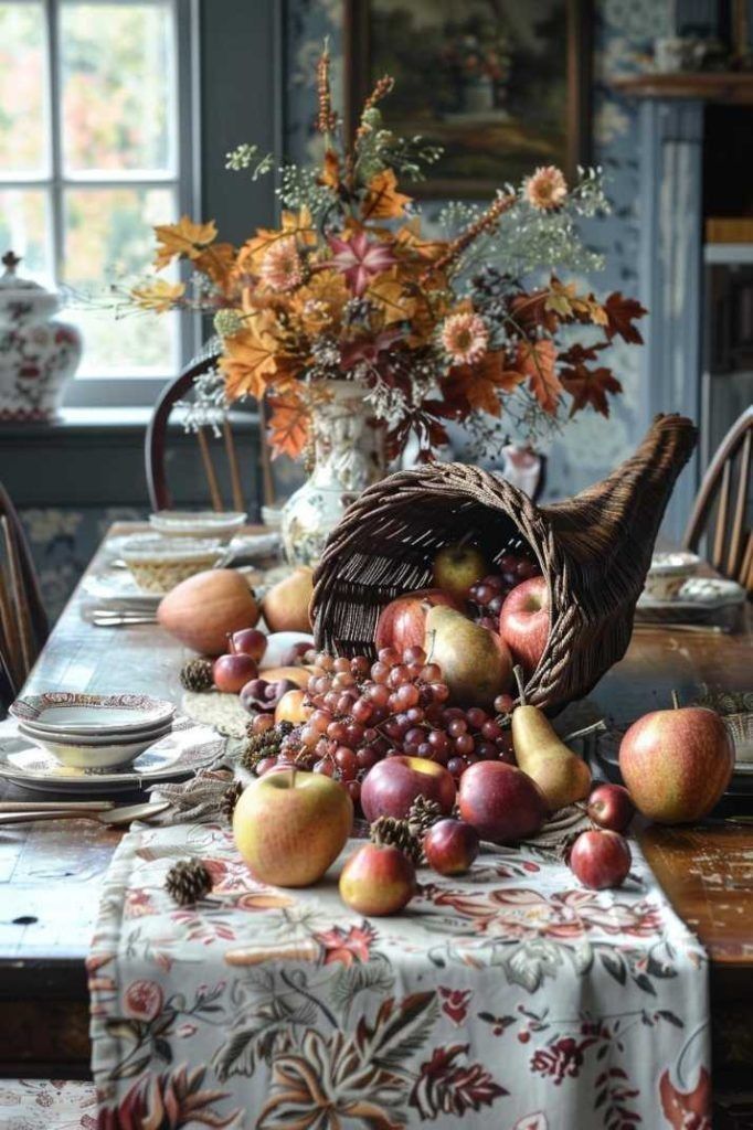 a table topped with lots of fruit and flowers