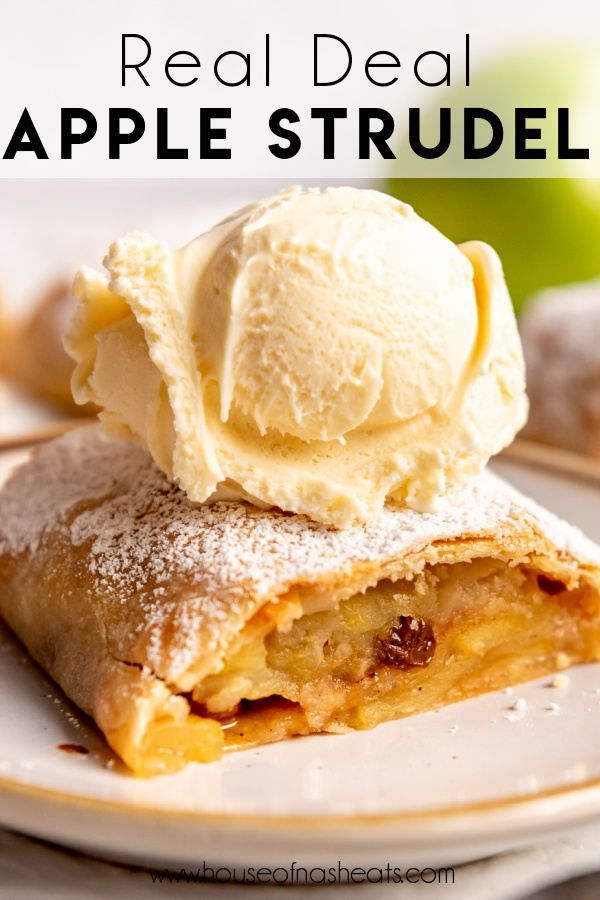 a piece of apple strudel on a plate with ice cream in the middle