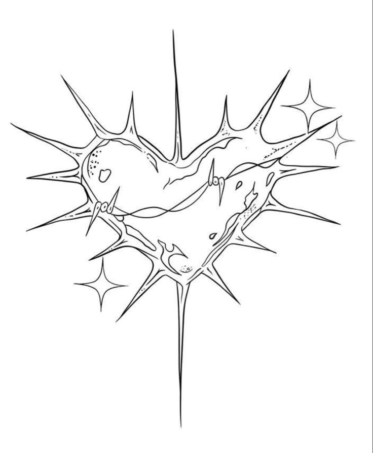 a black and white drawing of a heart with spiky spikes in the middle