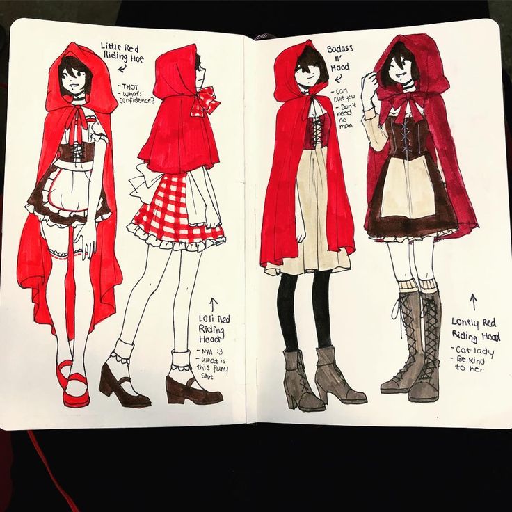 an open book with drawings of girls in red coats and boots on them, one is wearing