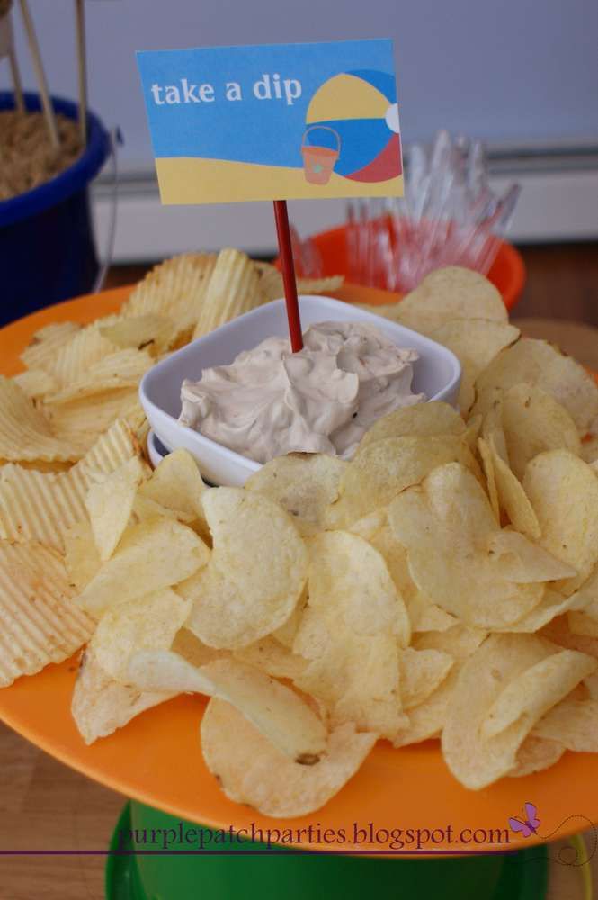 some chips and dip are sitting on a plate with a sign that says take a dip