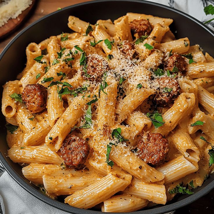 pasta with meatballs and parmesan cheese in a skillet on a table