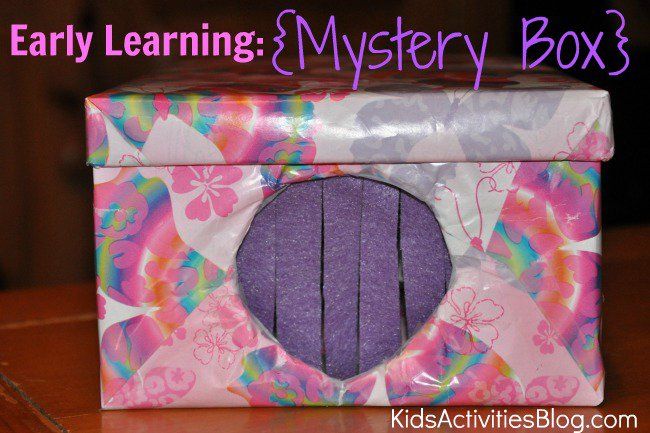 a box that has some kind of purple object in it with the words early learning mystery box