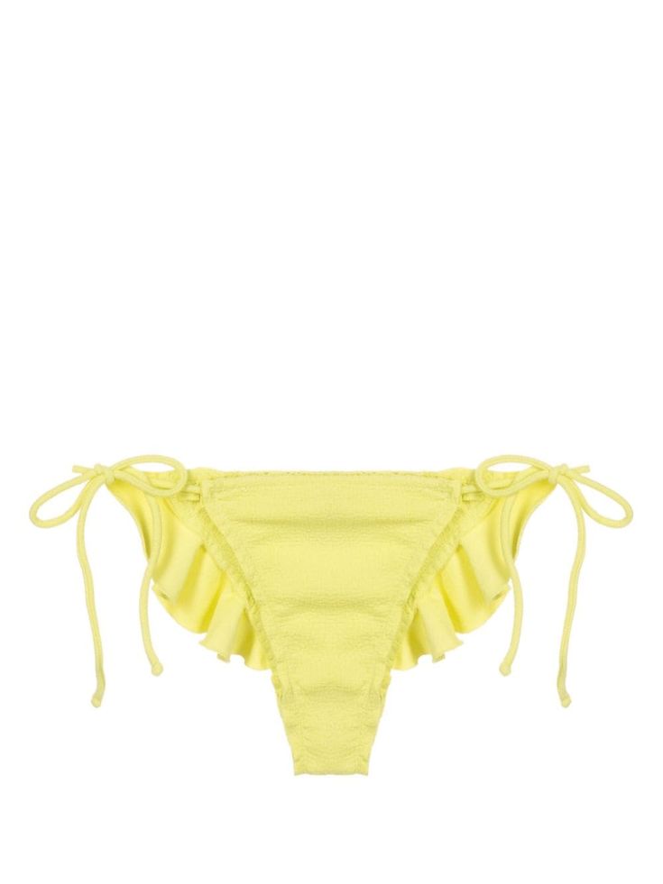 lemon yellow stretch-design mid-rise side-tie bottoms ruffle hem adjustable fit Be mindful to try on swimwear over your own garments. Be Mindful, Lemon Yellow, Ruffle Hem, Try On, Mid Rise, Lemon, Yellow, Clothes, Design