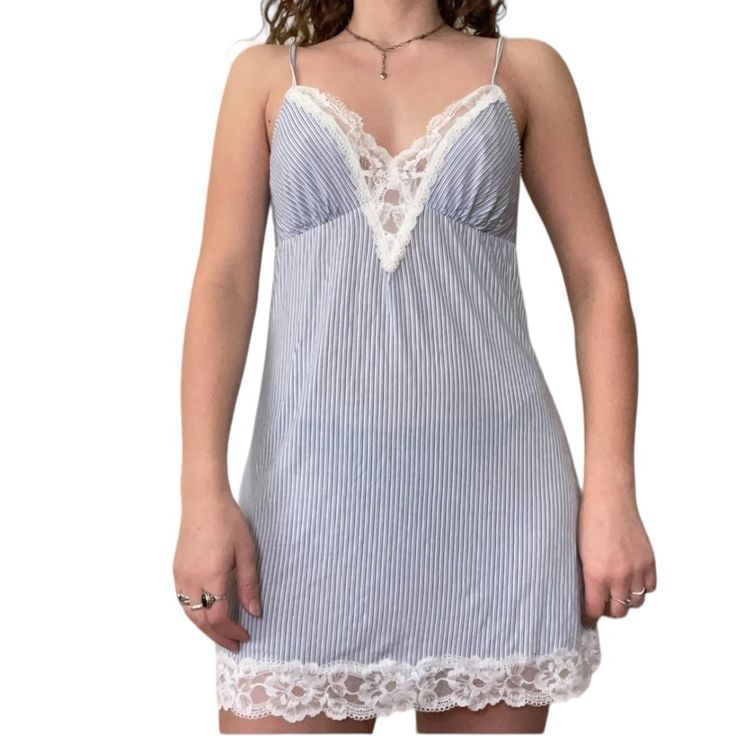 Victoria's Secret Lingerie Nightgown **Brand New, Only Tried On And Never Worn, But No Tags. - Color: Blue/White Stripes - Size M - Blue Striped Pattern - Lace Trim At The Neck And Hem - Removable Cups For Padding - Open Back - Adjustable Straps - Non-Smoking Home. Striped Soft Modal Babydoll Fit, Very Soft And Comfortable. Can Be Used As Lingerie, A Slip, Or Pajamas. Body Material: 93% Modal, 7% Elastane Lace Trimmed Summer Sleepwear For Bedtime, Summer Sleepwear With Lace Trim For Bedtime, Lace Trim Sleepwear For Summer Sleepovers, Spring Chemise With Lace Trim For Sleepover, Victoria's Secret Spaghetti Strap Nightgown For Loungewear, Victoria's Secret Nightgown With Spaghetti Straps For Loungewear, Blue Chemise For Summer Nights, Victoria's Secret Spaghetti Strap Sleepwear For Pajama Party, Summer Bedtime Chemise With Lace Trim