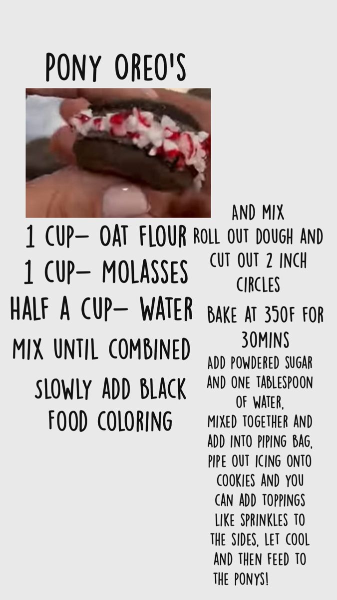 the recipe for pony oreo's is shown in black and white, with pink flowers on top