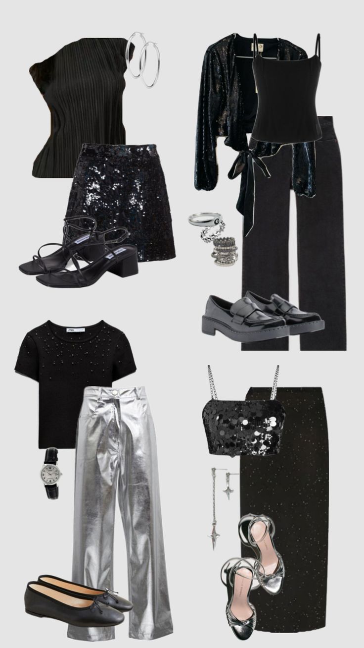 four pieces of black and silver clothing with heels, shoes, and purses on them