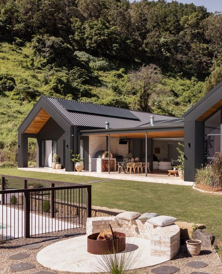 a house with a large patio in front of it