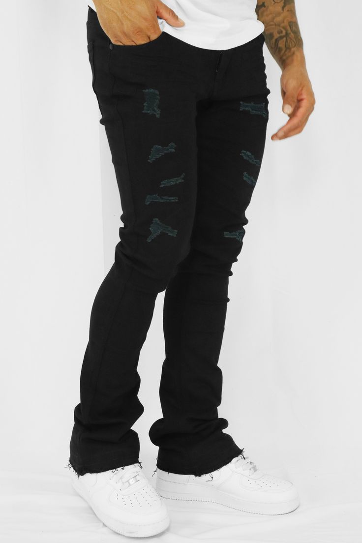 Vortex Ripped Stacked Denim (Black) - Zamage Stacked Denim, Denim Fabric, Black Denim, Must Haves, Perfect Fit, Bring It On, Wardrobe, Fabric, How To Wear