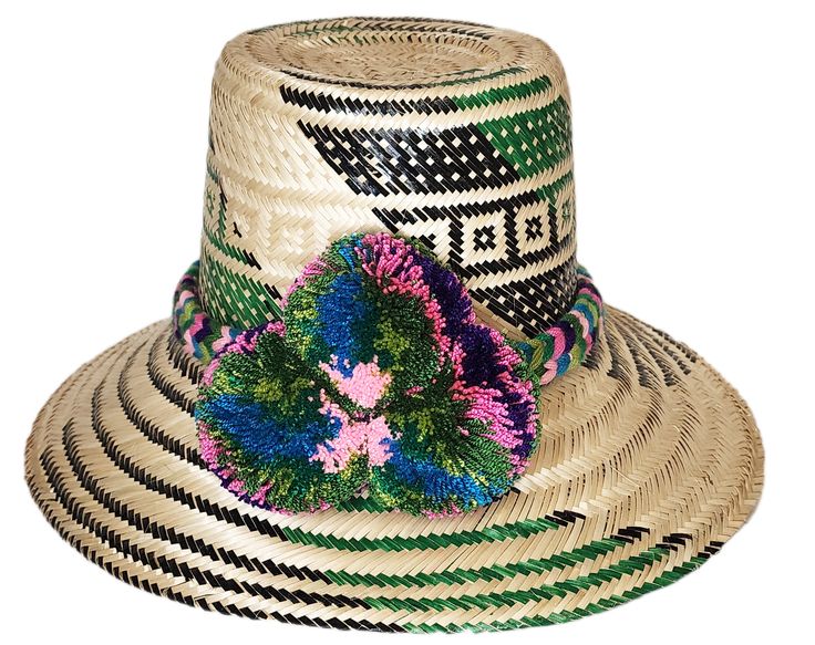 Colette Handmade Wayuu Hat - a perfect gift for her Handwoven Artisan Panama Hat With Flat Brim, Artisan Straw Hat With Curved Brim From Palm Leaf, Artisan Straw Hat With Curved Brim, Traditional Toquilla Straw Panama Hat With Flat Brim, Artisan Palm Leaf Straw Hat With Curved Brim, Natural Palm Leaf Sun Hat For Festival, Adjustable Handwoven Panama Hat In Palm Leaf, Adjustable Handwoven Panama Hat From Palm Leaf, Handwoven Brimmed Panama Hat From Palm Leaf