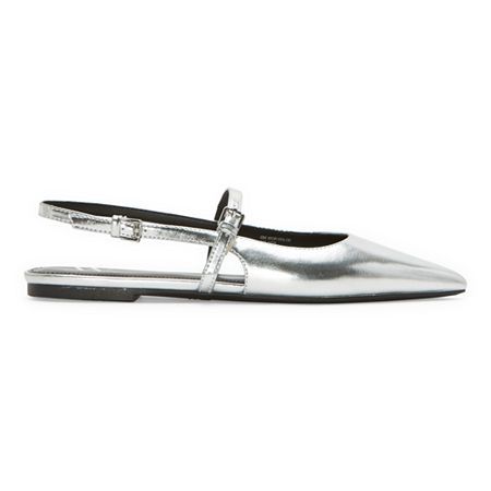 These Worthington women's Khloe pointed-toe ballet flats are an on-trend style to add into your wardrobe mix. Made from a silver-tone metallic faux leather, this closed-toe shoe has an open back with dual strap closures to keep your feet in place. Wear them with skinny jeans and a shirt or a dress. Closure Type: BuckleShoe Heel Height: 1/2 InchUpper/Outer Base Material: 100% TextileShoe Lining Material: PolyurethaneSole Material Content: 100% Thermoplastic-RubberToe Type: Pointed Toe, Closed Toe Elegant Silver Summer Flats, Silver Flats For Evening In Summer, Silver Flats For Evening Summer Events, Elegant Metallic Flats For Spring, Elegant Silver Flats For Spring, Silver Evening Flats For Summer, Pointed Toe Ballet Flats For Spring Party, Silver Flats For Evening In Spring, Silver Flats For Evening Spring Occasions