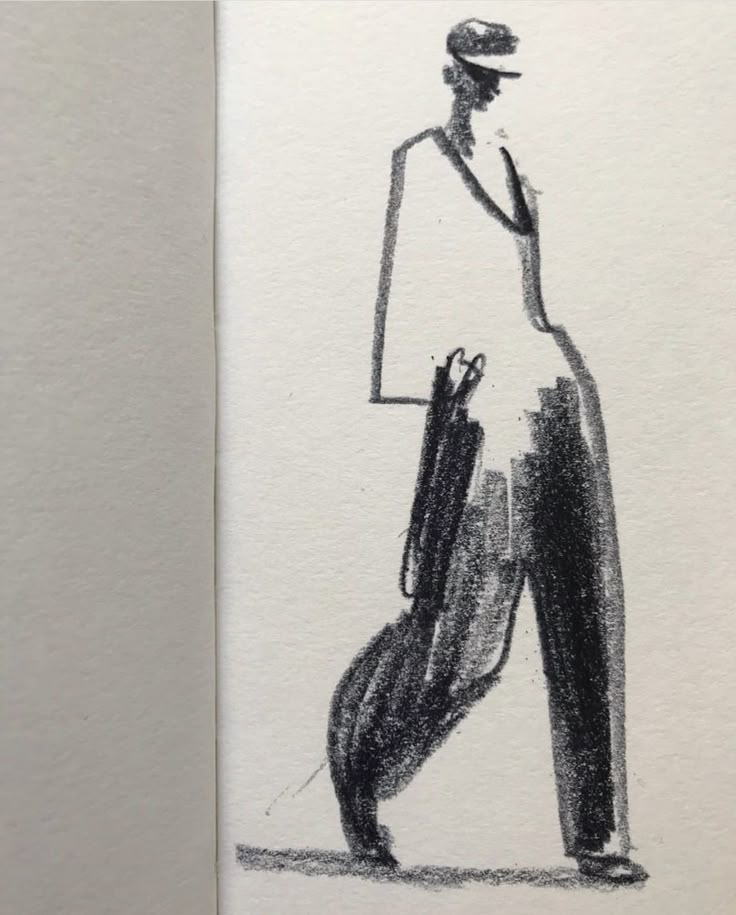 a black and white drawing of a man walking