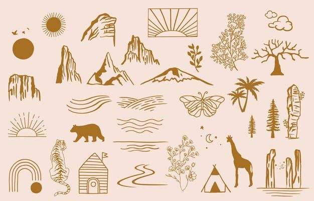 the silhouettes of animals and trees are drawn in brown ink on a beige background