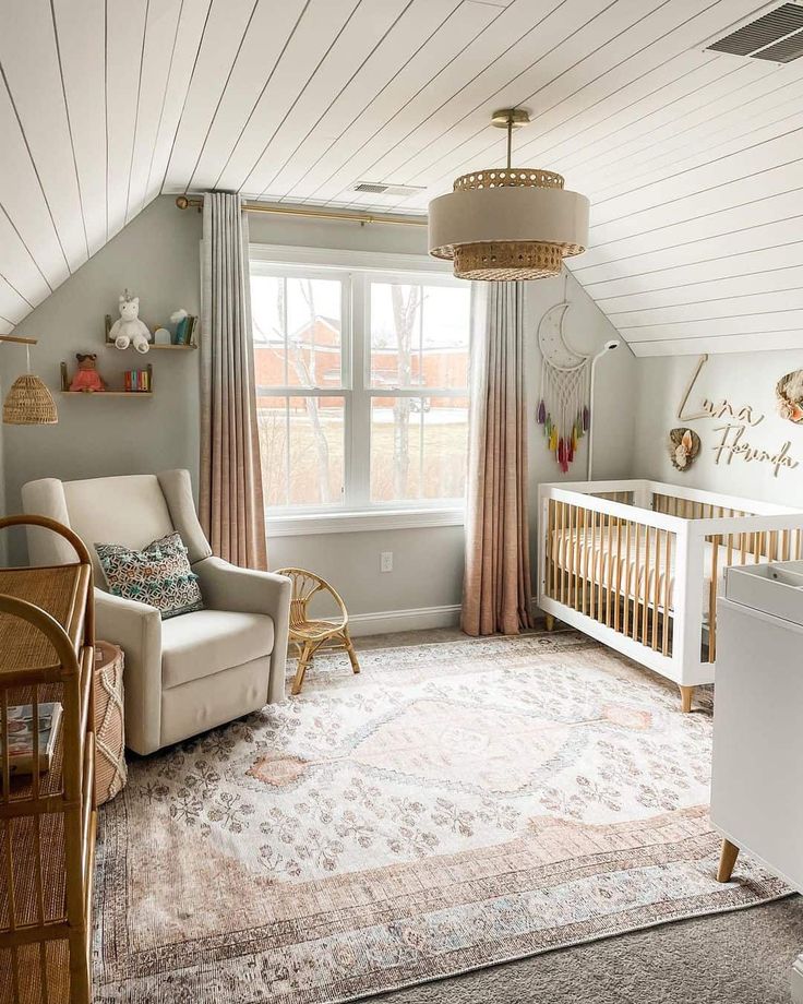 a baby's room with a crib, rocking chair and large rug on the floor