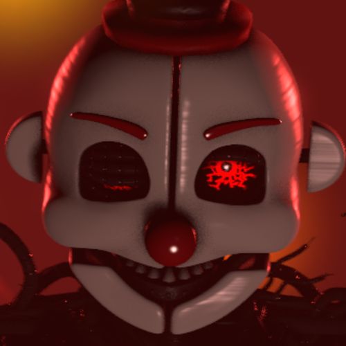 a creepy clown with red eyes and nose ring on it's head, standing in front of an orange background