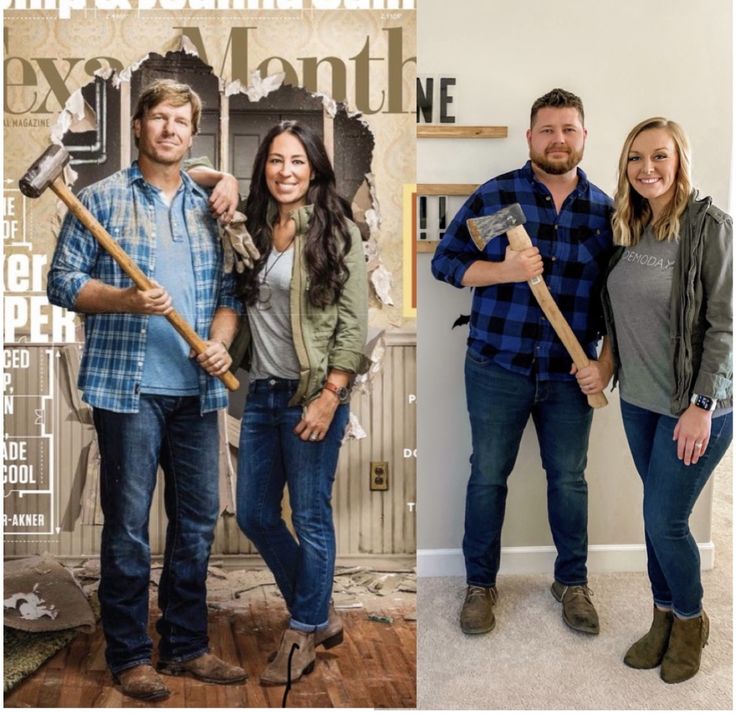 three people standing in front of a magazine cover with hammers on their shoulders and smiling at the camera