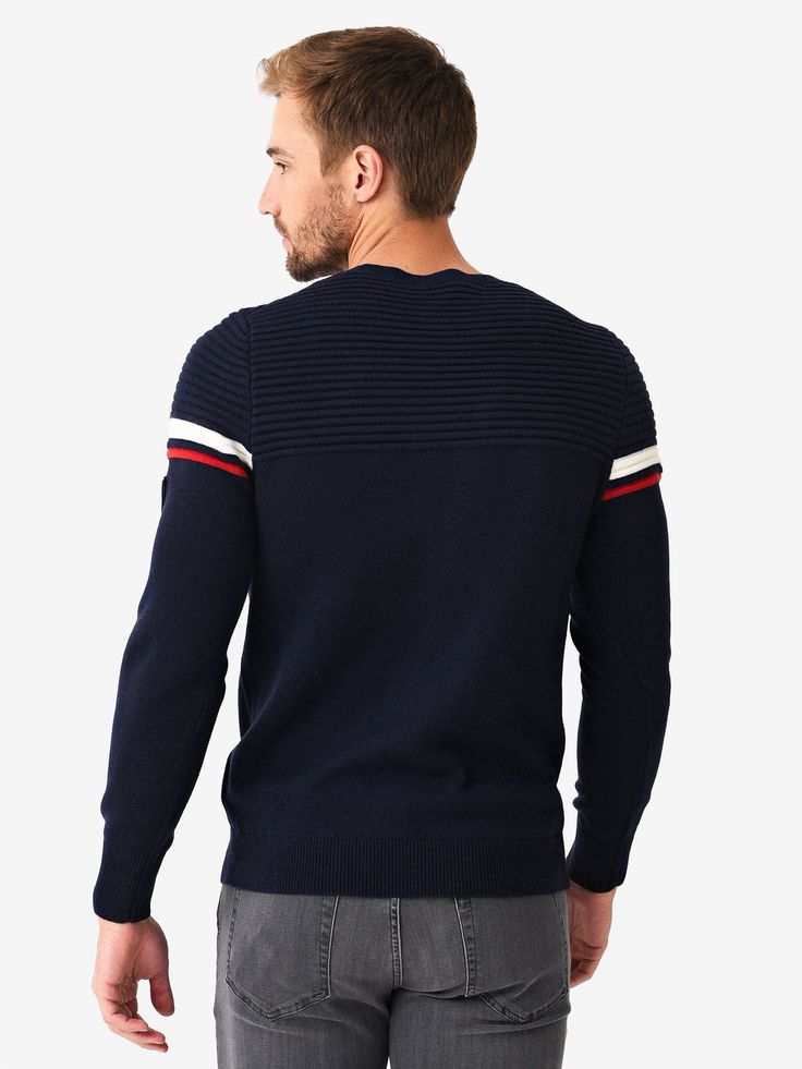 DESCRIPTION:A wool blend knit sweater with contrast stripe detailing.FEATURES:Crew NecklineRaglan SleevesContrast StripesRibbed Neckline, Cuffs and HemKnit Fabrication65% Wool, 35% PolyamideClassic Fit Knit Crew Neck Sweater With Contrast Stripes, Knit Sweater With Contrast Stripes Crew Neck, Navy Wool Sweater With Ribbed Cuffs, Navy Knit Sweater With Ribbed Collar, Casual Wool Sweater With Striped Cuffs, Sporty Winter Sweater With Contrast Stripes, Navy Ribbed Sweater For Winter, Saint Bernard, Helly Hansen