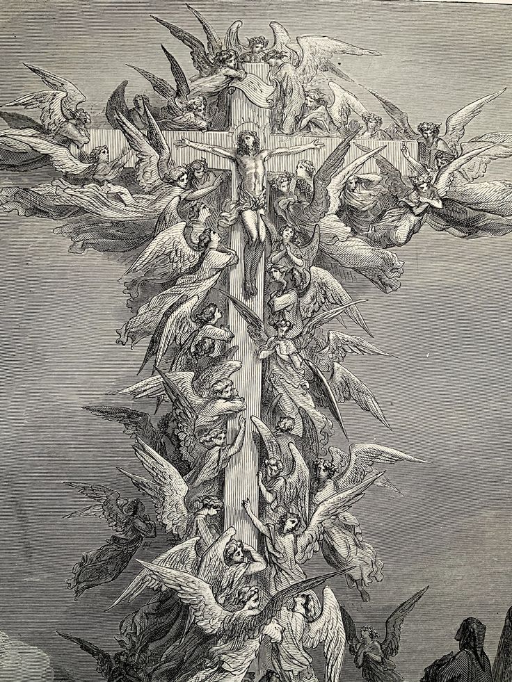 an illustration of the crucifix surrounded by angels and demon like demonsies