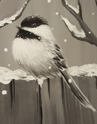 a black and white painting of a bird perched on a tree branch with snow falling