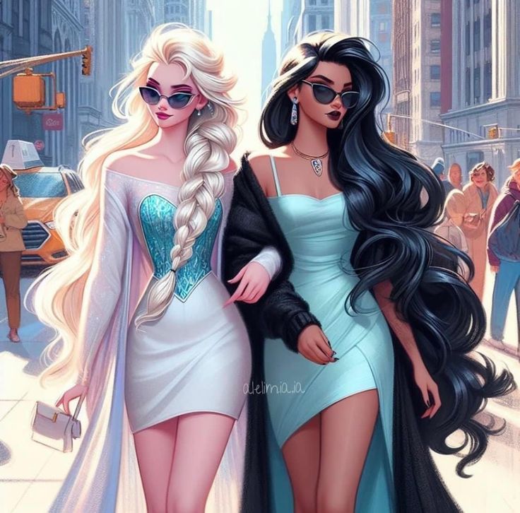 two women in dresses are walking down the street, one is wearing sunglasses and the other has long hair