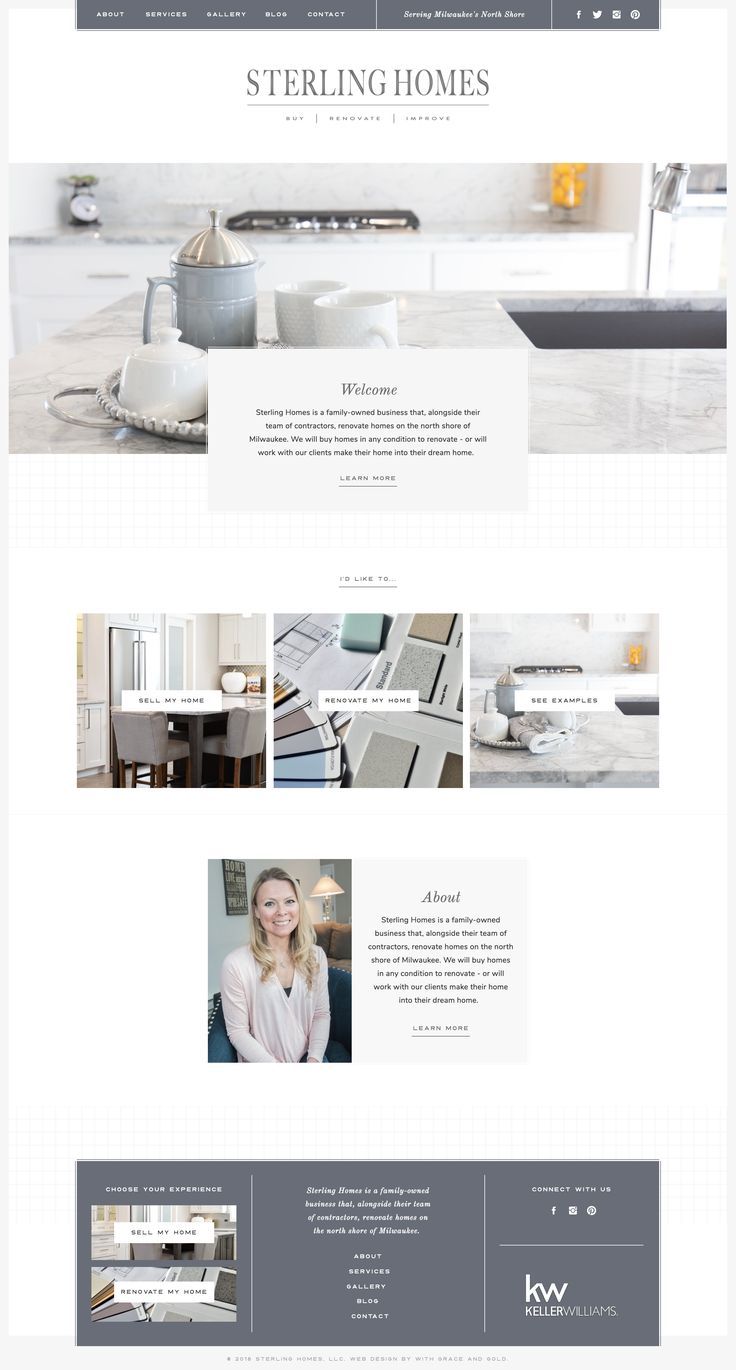 the website design for sterling homes is shown in grey and white colors, with an image of