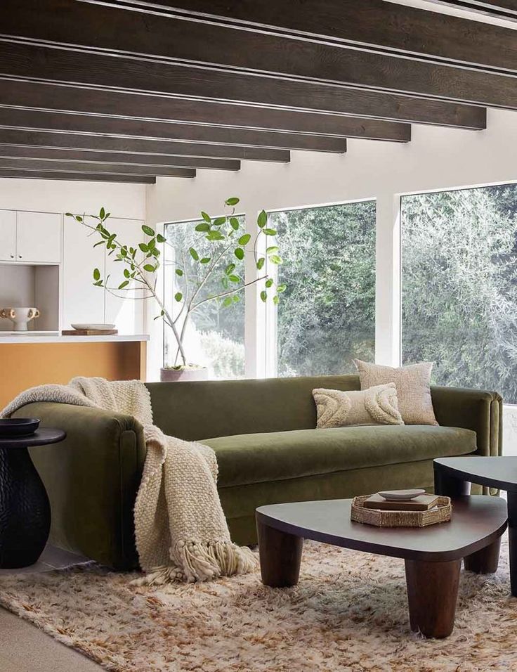 a living room filled with furniture and lots of window sill space in front of it