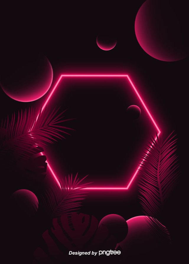 the neon hexagonal frame is surrounded by palm leaves and other tropical plants on a dark background