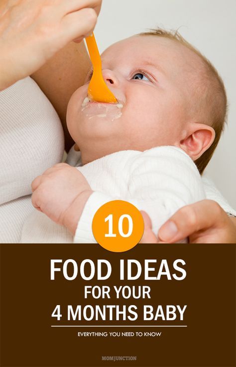 a woman feeding her baby food with an orange spoon in it's mouth and the words, 10 food ideas for your 4 months baby