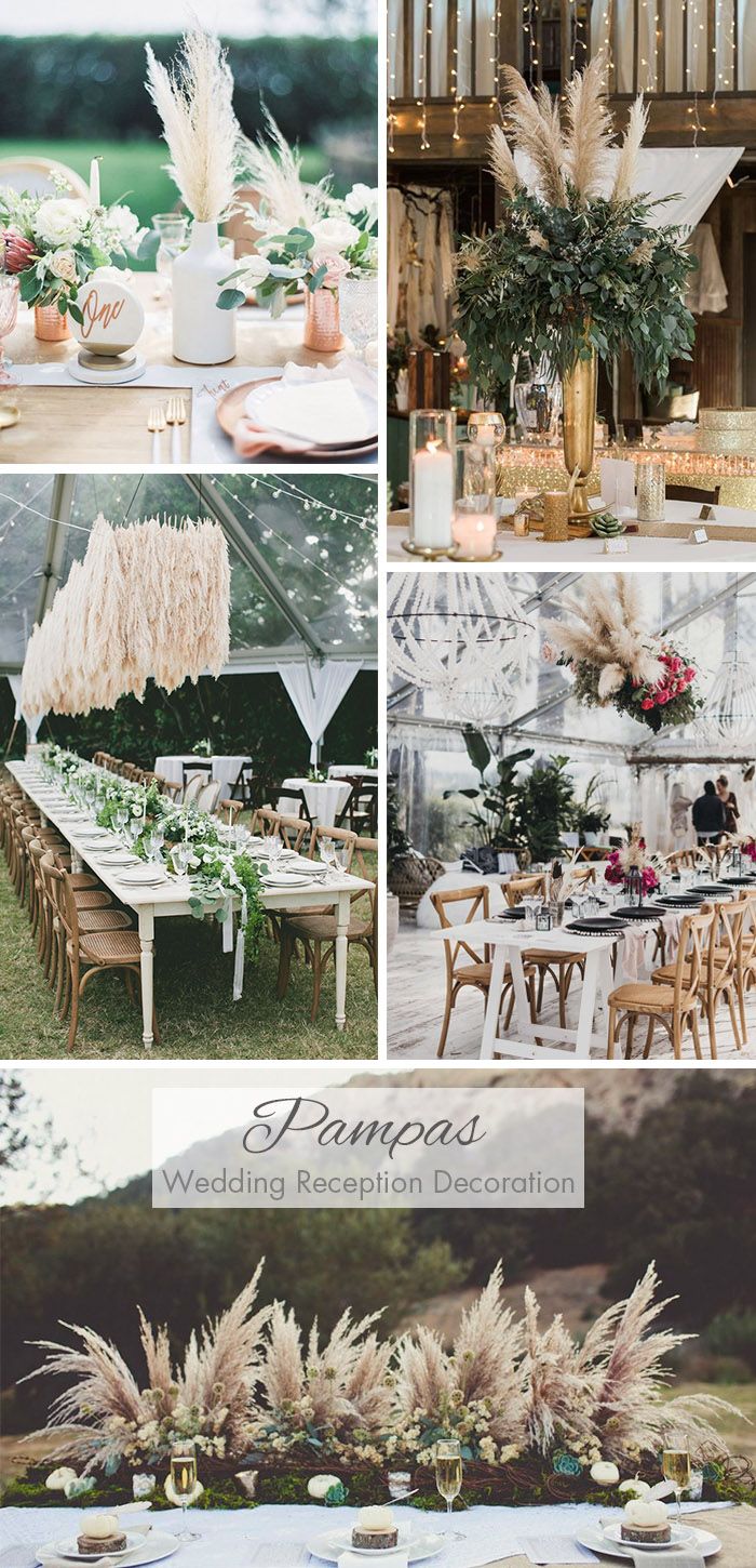 a collage of wedding reception decorations with pampos on the table and flowers in vases