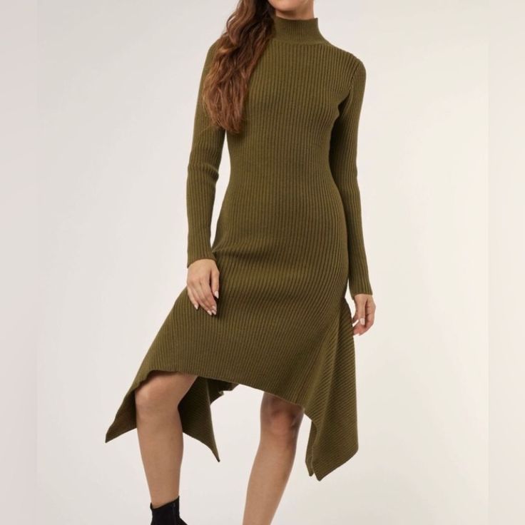 Brand New Thick Sweater Material Dress With High Neck And Long Sleeve. Great For The Winter Months. Green Midi Dress With Asymmetrical Hem For Fall, Asymmetrical Hem Winter Work Dress, Winter Workwear Dress With Asymmetrical Hem, Fitted Midi Dress With Asymmetrical Hem For Winter, Olive Midi-length Dress For Fall, Olive Fitted Dress For Fall, Dress With High Neck, Material Dress, Thick Sweater