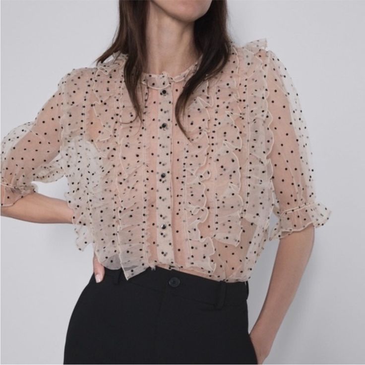 Zara “The Patrice Blouse” Sheer Dot Short Sleeved Button Up Blouse With Ruffles 100% Nylon Swiss Dot Blouse, Zara Store, Gilet Crochet, Street Clothing, Zara Australia, Organza Blouse, Shirt Blouses Women's, 2023 Ss, Poker Face