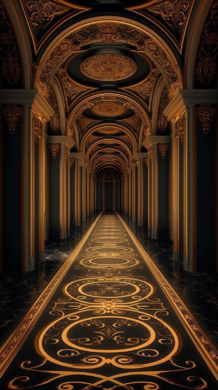 an image of a long hallway that is lit up in gold and black with intricate designs on the floor