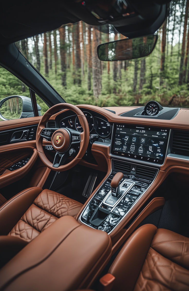 the interior of a sports car with brown leather seats and steering wheel, along with dashboard controls