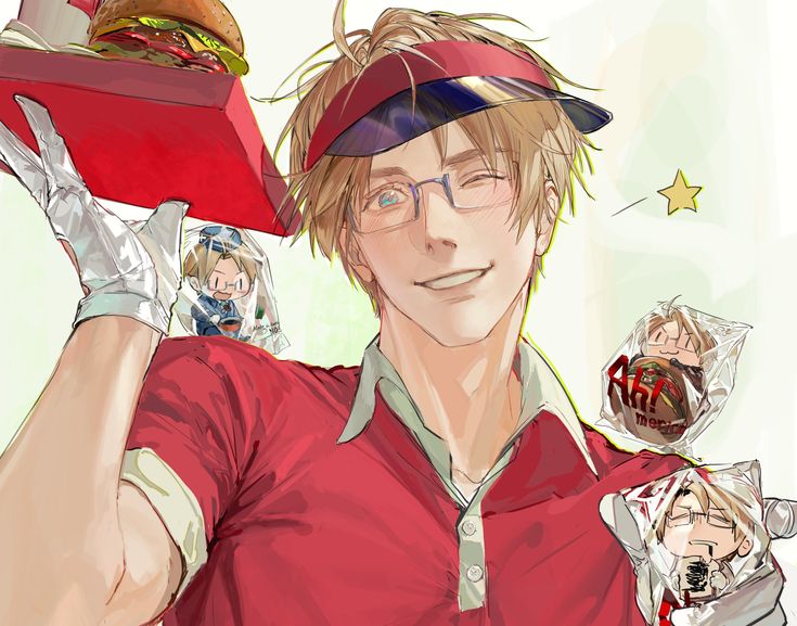 a man with glasses and a red shirt is holding a sandwich in one hand and a burger in the other