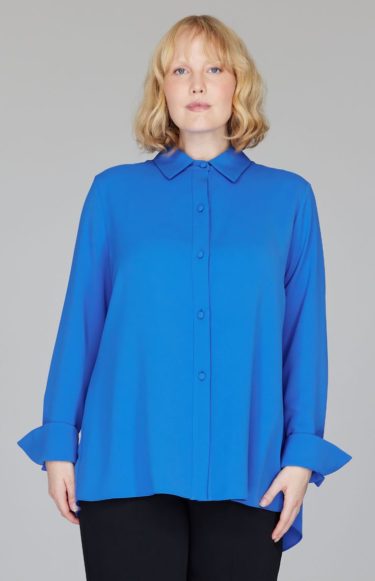 Our best-selling collared button down shirt, featuring a back overlap for beautiful movement and comfort. Try out a classic Pearl or Black or use this blouse to add a fun pop of color. Wearing Pearls, 2piece Outfits, Right To Privacy, Fuchsia Color, Crepe Fabric, Pant Shirt, Wear Pink, New Arrival Dress, Skirts For Sale