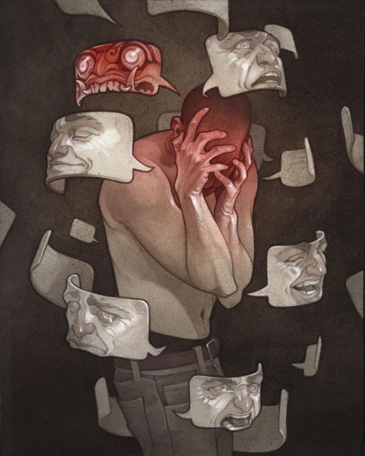 a drawing of a man holding his head in the middle of many faces and hands