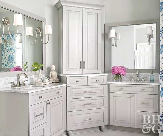 a white bathroom with two sinks and mirrors